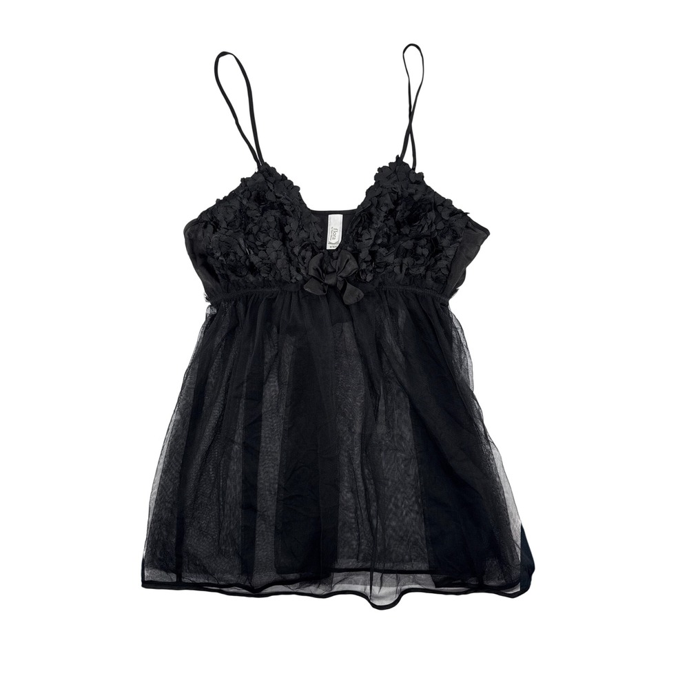 Flora Nikrooz Black Floral Applique Mesh Babydoll Lingerie Set T80001 Medium NEW